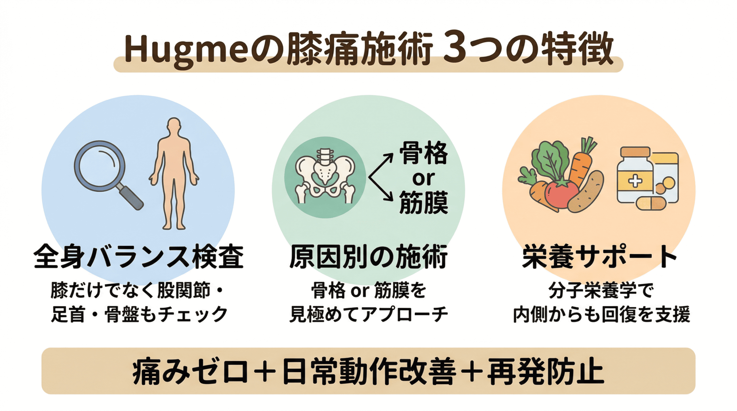 Hugmeの膝痛施術3つの特徴を示すインフォグラフィック