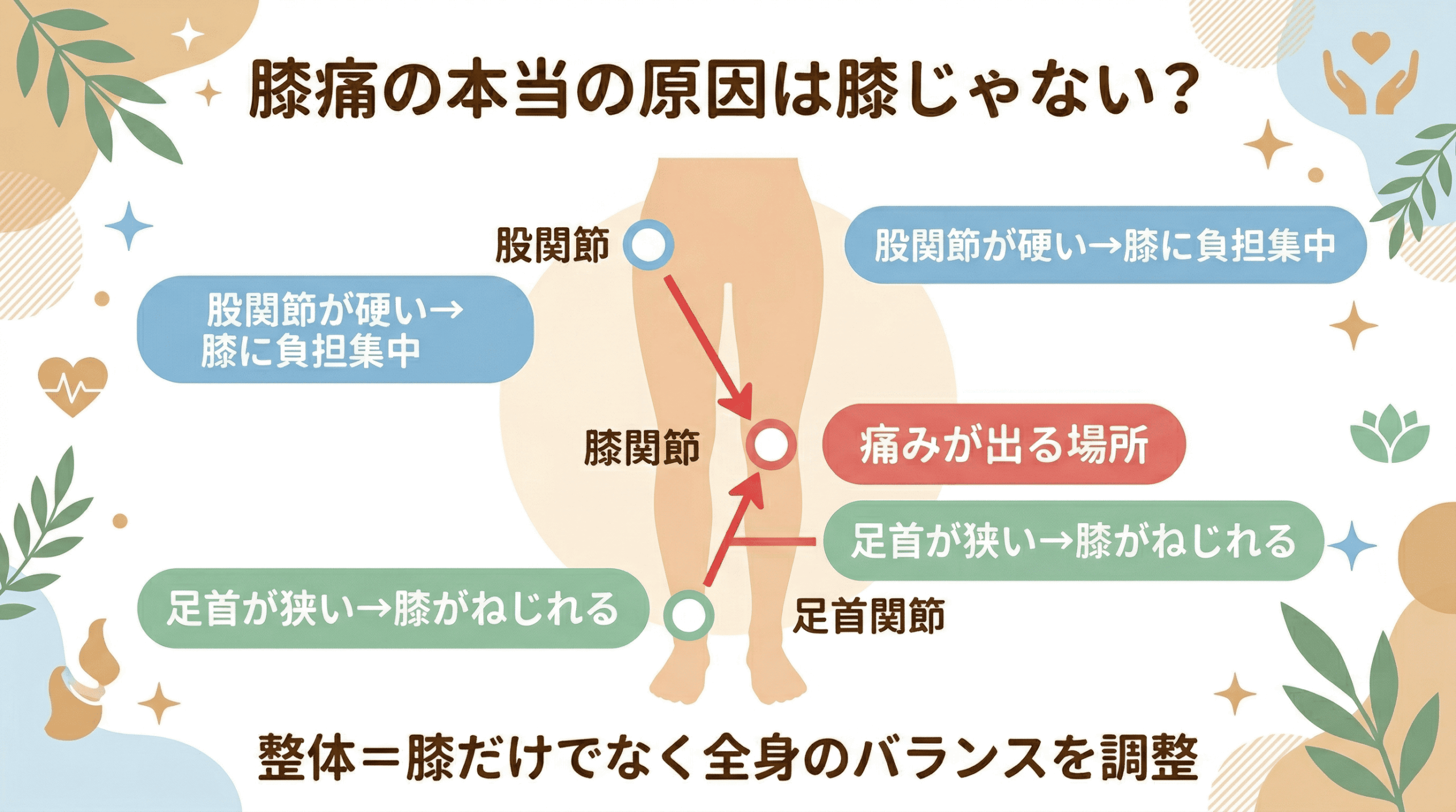 膝痛の本当の原因は膝ではなく股関節や足首にあることを示す図解
