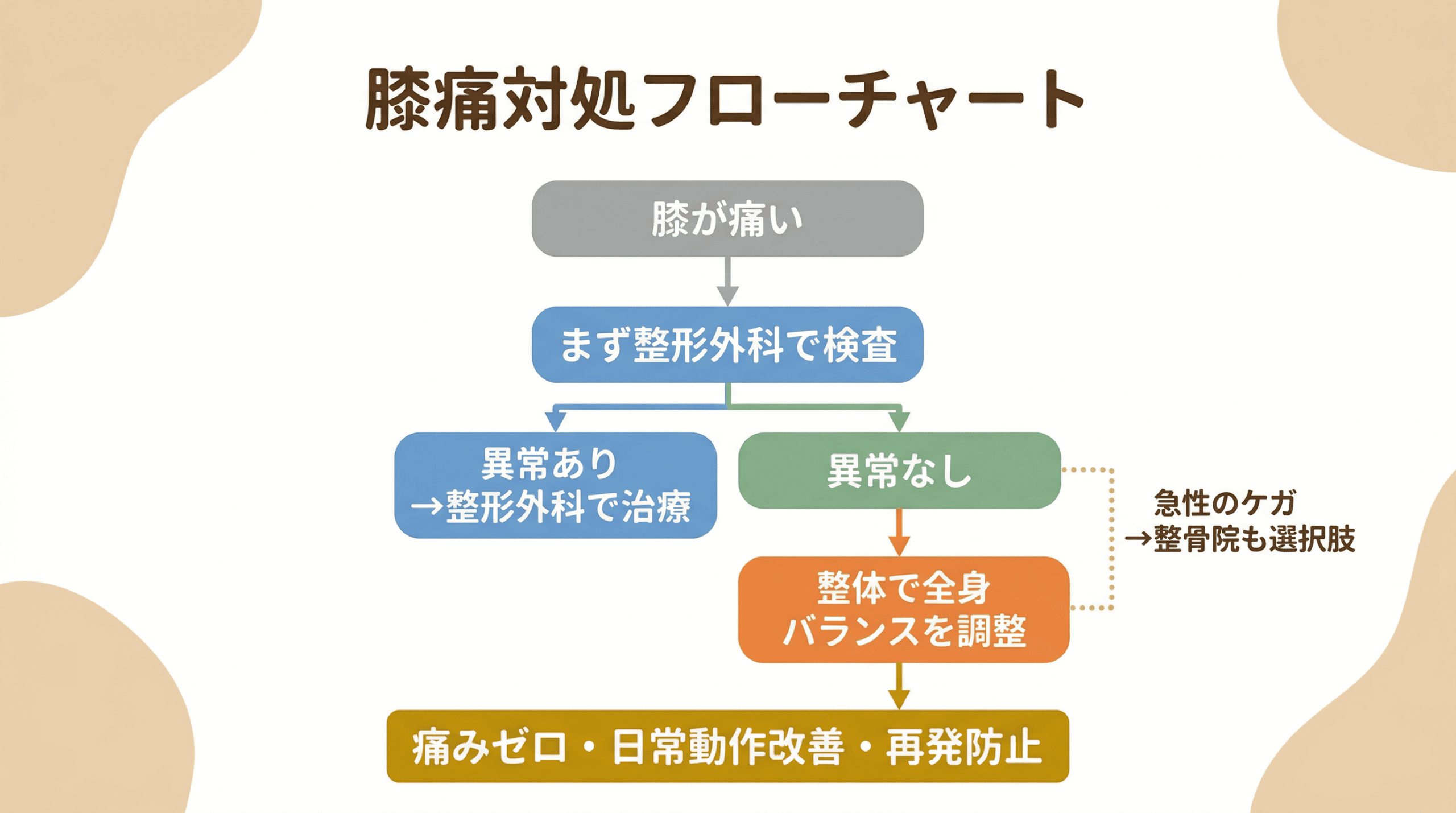 膝痛対処フローチャート（整形外科→異常なし→整体）