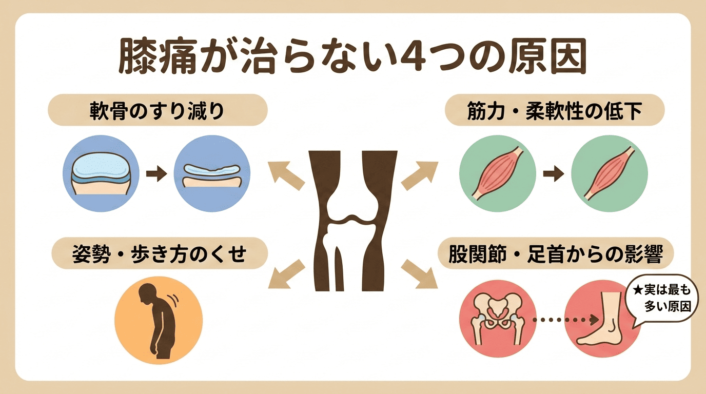 膝痛が治らない4つの原因を示すインフォグラフィック